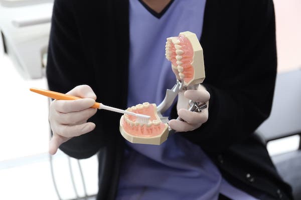 京橋 銀座みらい歯科で歯の模型を使って歯磨き指導を実施している歯科衛生士